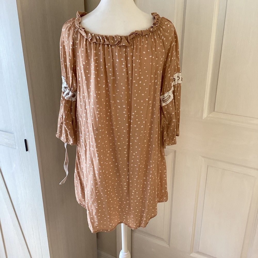 Boho Polka Dot Shift Dress Ruffle Neck Bell Sleeve Tunic Dress Sz M
